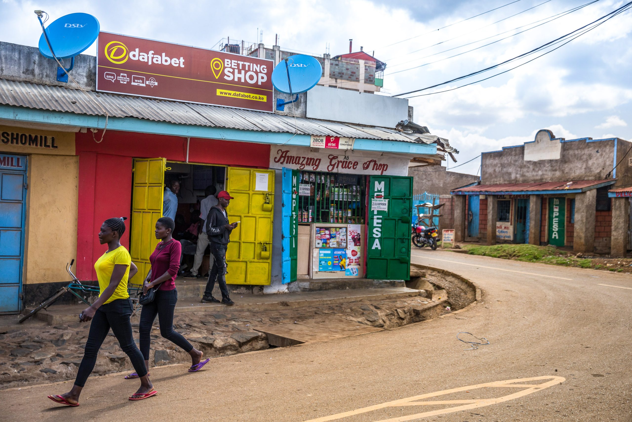 A shop advertising a betting company in Eldoret, Kenya